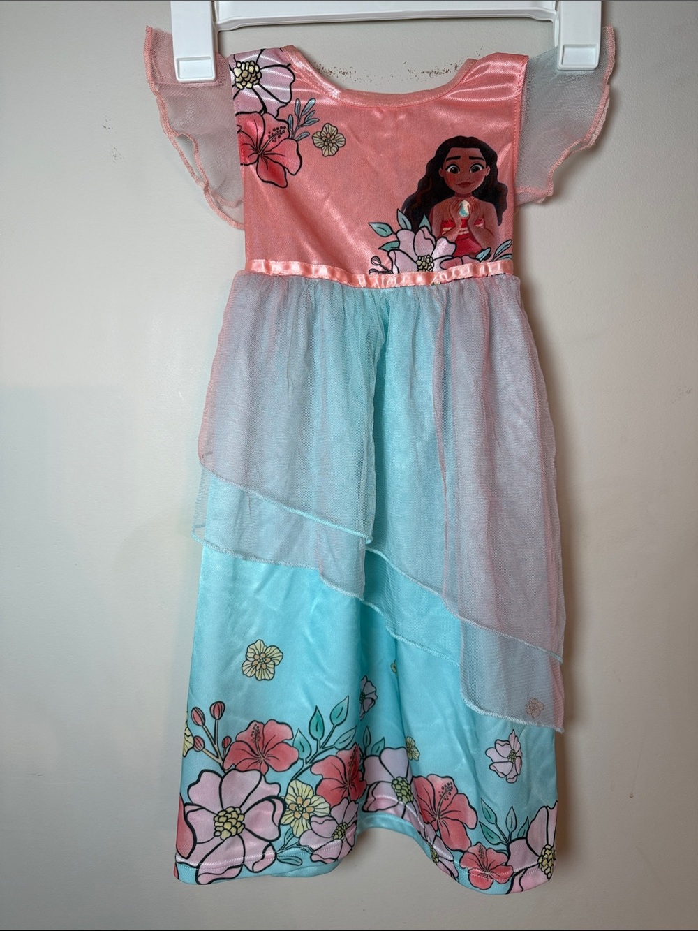 Disney Moana 2 Little Girls Coral Pink and Aqua Floral Dress/Gown. Size 2T